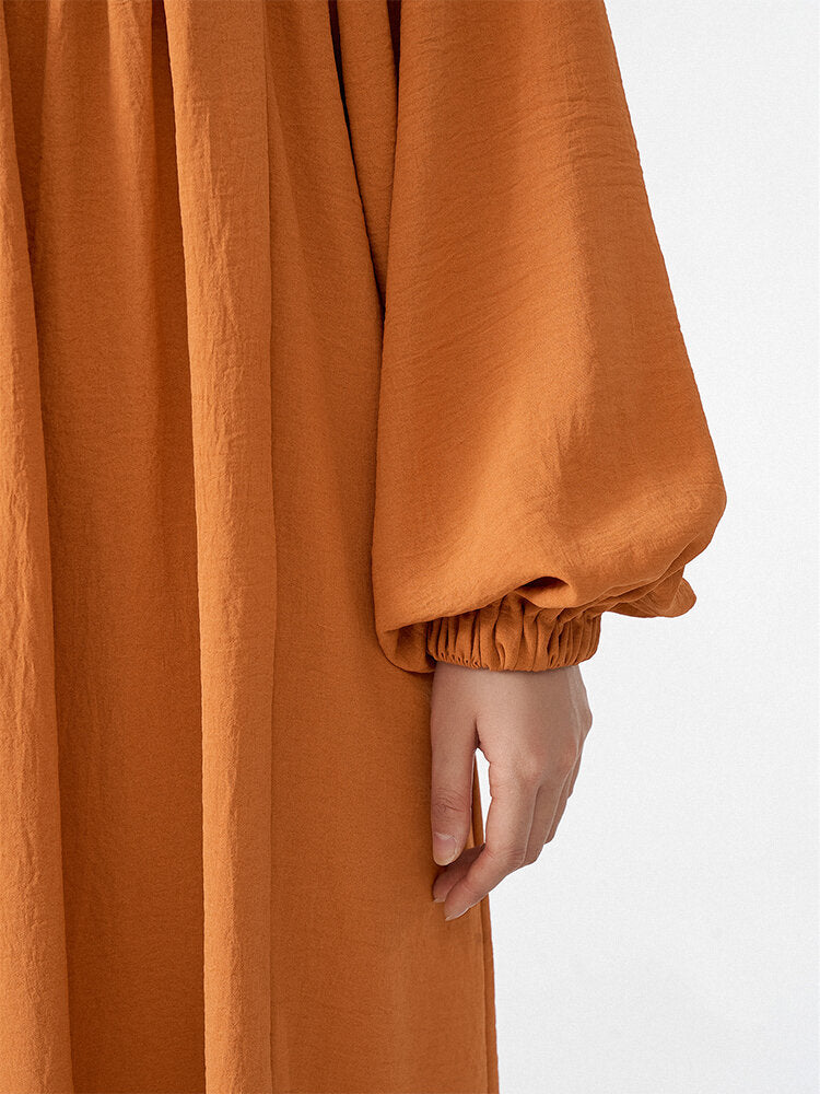 Solid Slit Tie Front Long Sleeve V-neck Casual Women Dress