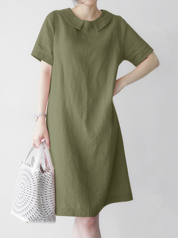 Women Solid Peter Pan Collar Short Sleeve Dress