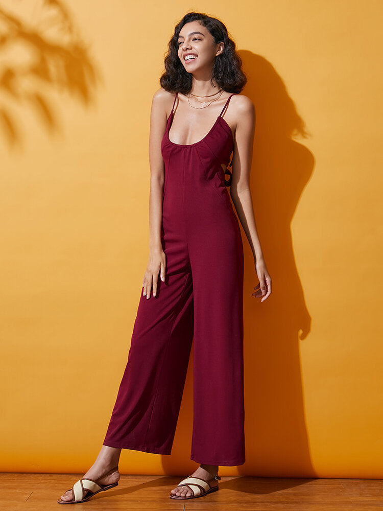 Solid Spaghetti Strap Lace Up Open Back Wide Leg  Women Jumpsuits