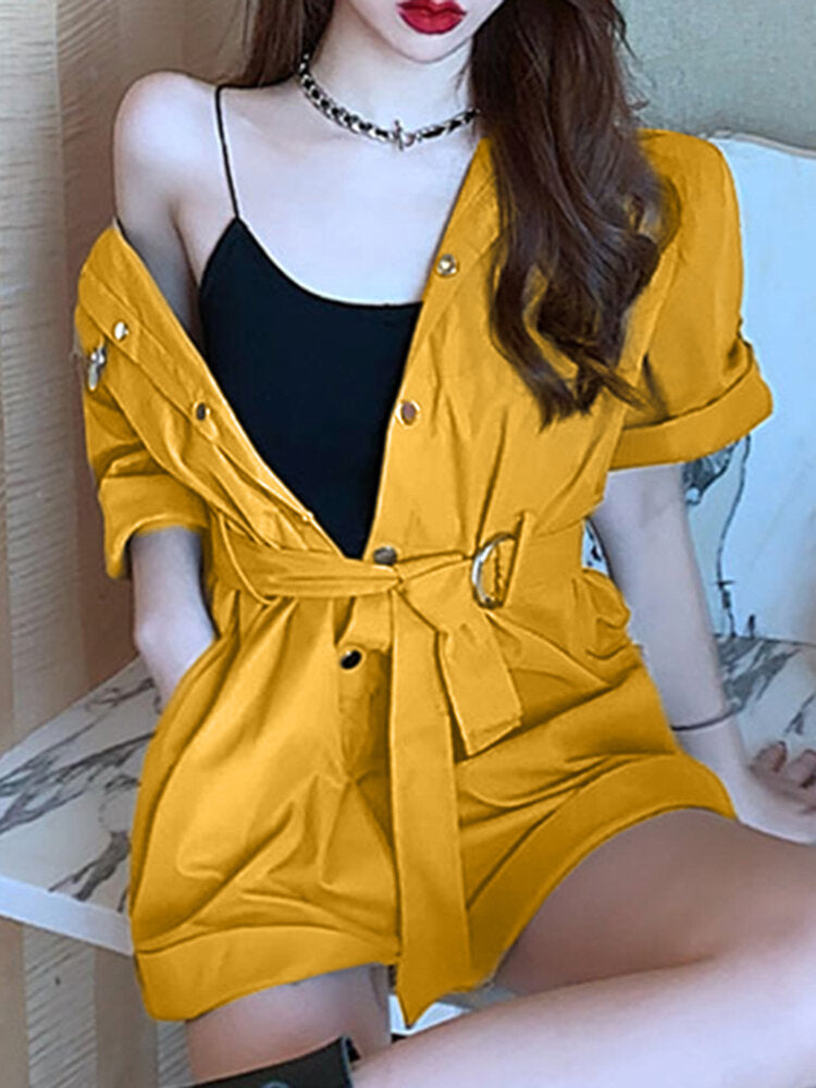 Solid Rolled Hem Pocket Short Sleeve  With Belt Women Romper