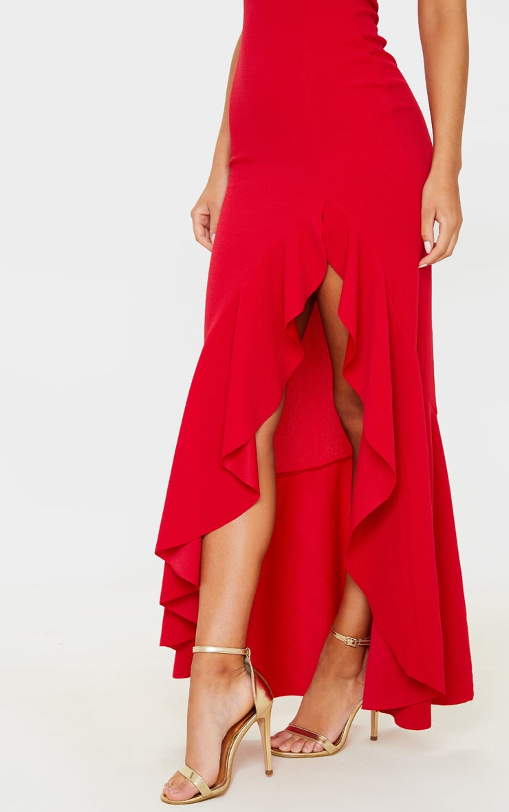 RED ONE SHOULDER FRILL SPLIT MAXI DRESS