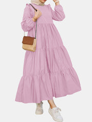 Solid Color Layered Long Sleeve Pleated Women Dress