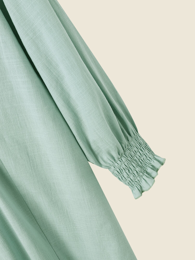 Solid Shirred Long Sleeve Knotted Front V-neck Women Dress