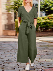 Solid Sash Pocket V Neck Casual  Women Jumpsuits