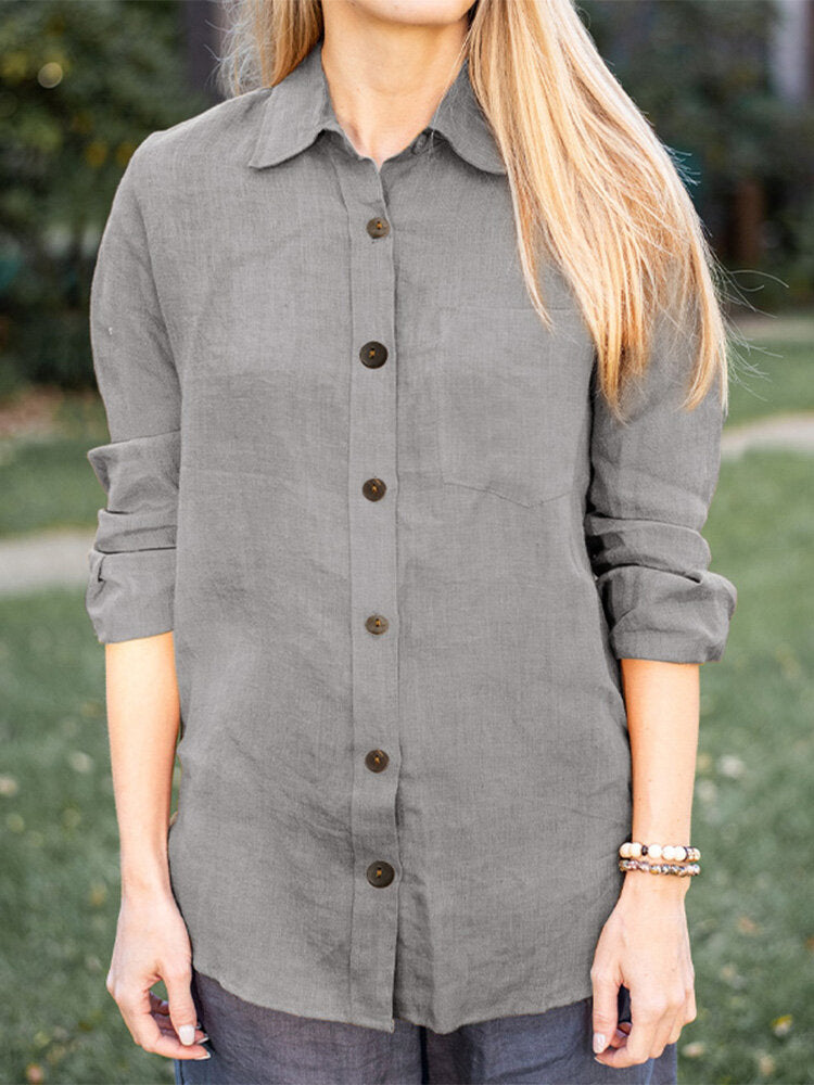Solid Pocket Long Sleeve Button Front Lapel Shirt