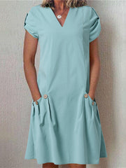 Women Solid Dual Pocket V-neck Short Sleeve Dress