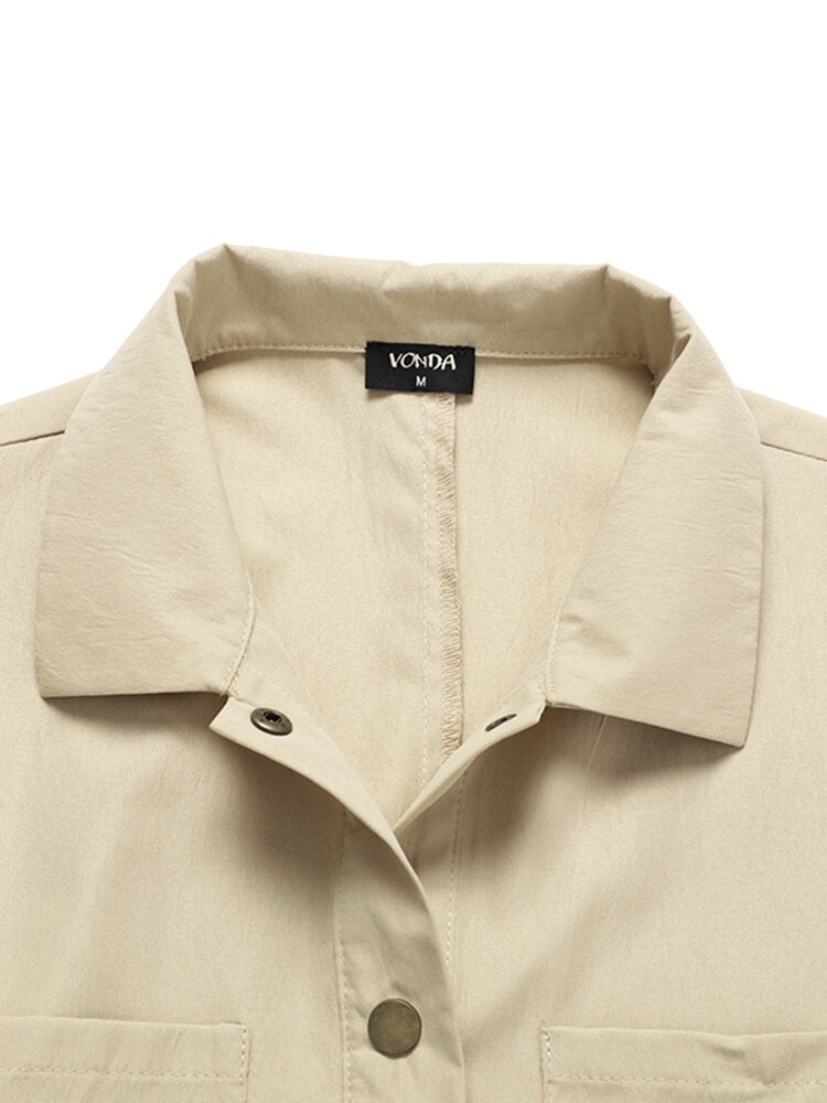 Solid Color Short Sleeve Pockets Lapel Casual Women Dress