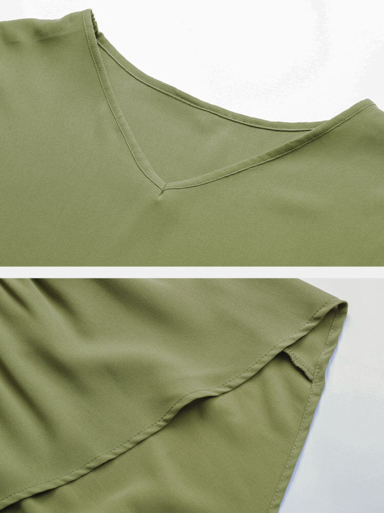 High-low Hem Sleeveless Solid Color V-neck Women T-Shirt