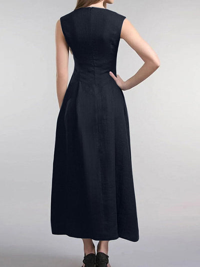 Women Solid Sleeveless Pocket Crew Neck Casual Dress