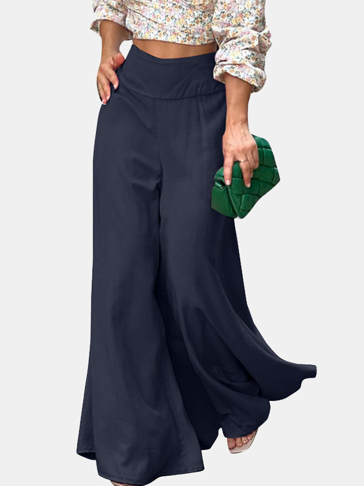 Women Solid Pocket Invisible Zip Wide Leg Loose Pants