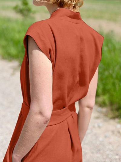 Solid Sash V Neck Pocket Sleeveless Casual Cotton  Women Jumpsuits