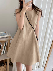 Solid Sleeveless A-Line Casual Cotton Midi  Women Dress