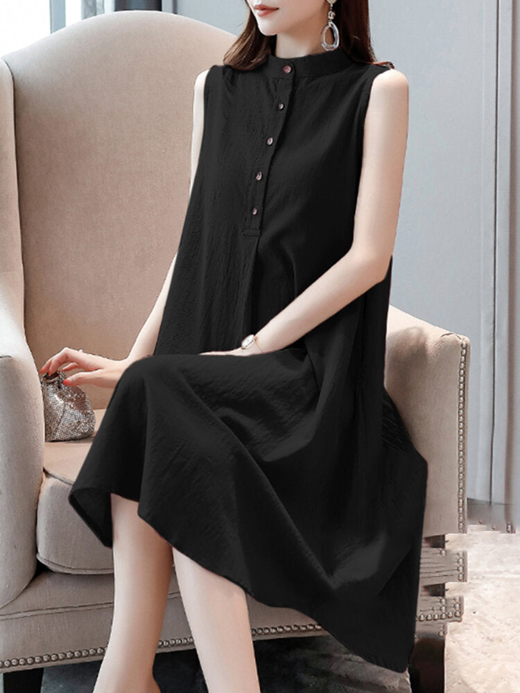 Solid Stand Collar Button Sleeveless Dress For Women