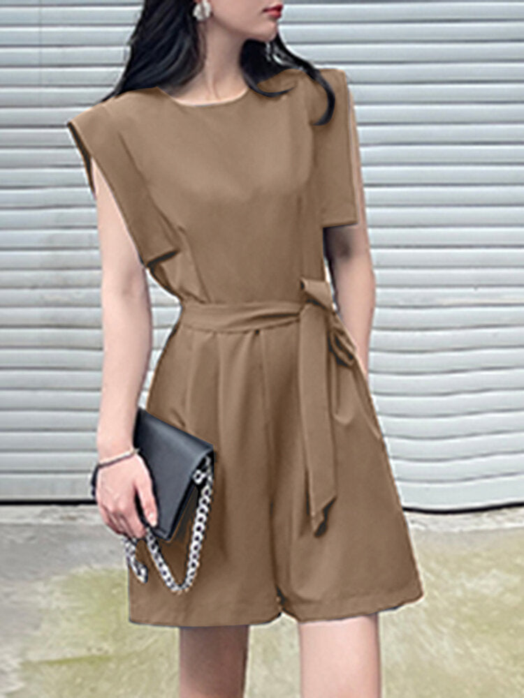 Solid Pocket Sleeveless Crew Neck  With Belt Women Romper