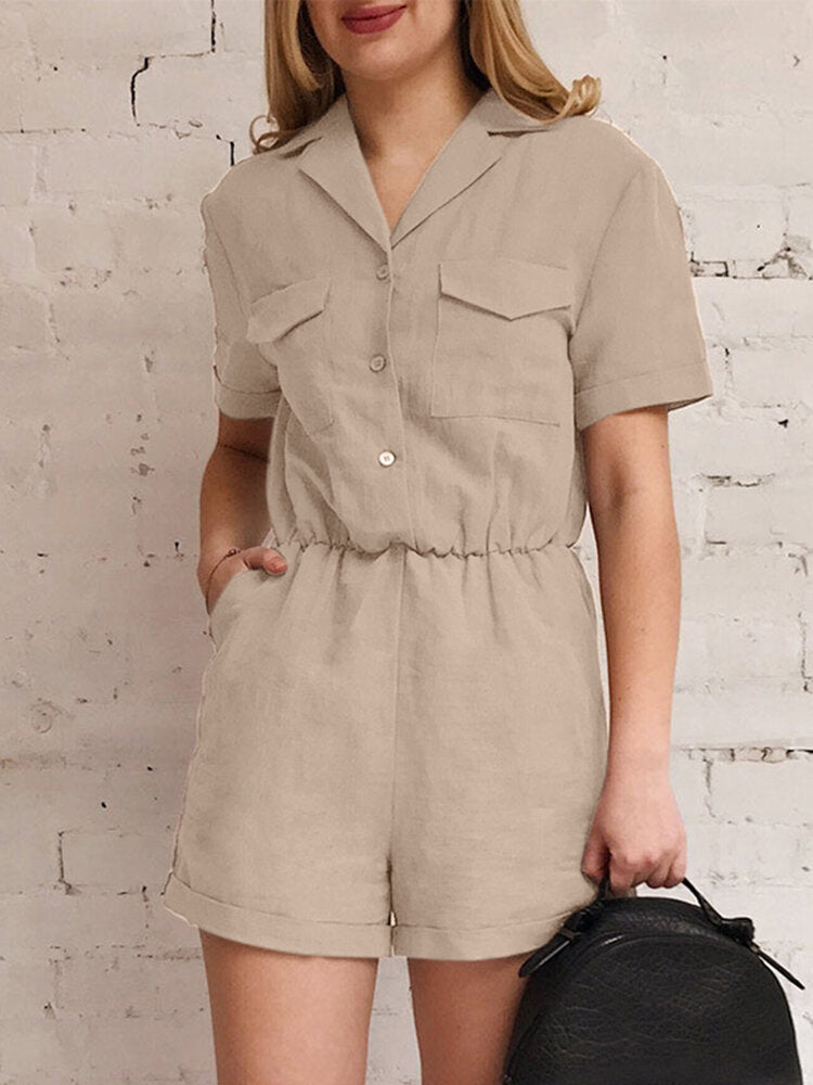 Solid Pocket Button Front Short Sleeve Lapel Cargo  Women Romper