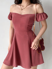 Solid Puff Sleeve A-line Square Collar Invisible Zip  Women Dress