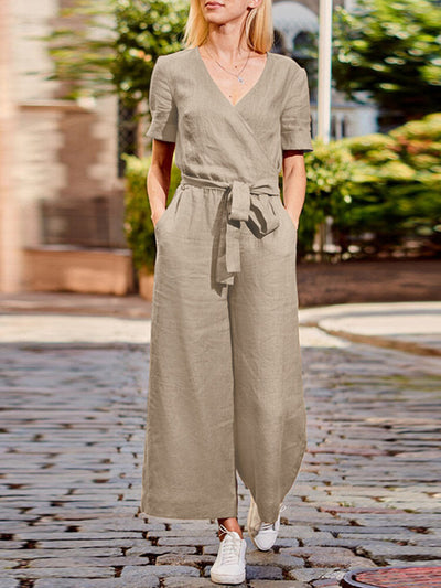 Solid Sash Pocket V Neck Casual  Women Jumpsuits