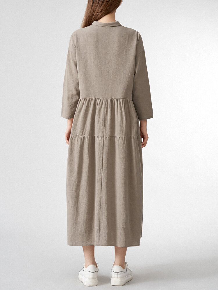 Solid Lapel Button Loose Vintage Dress For Women