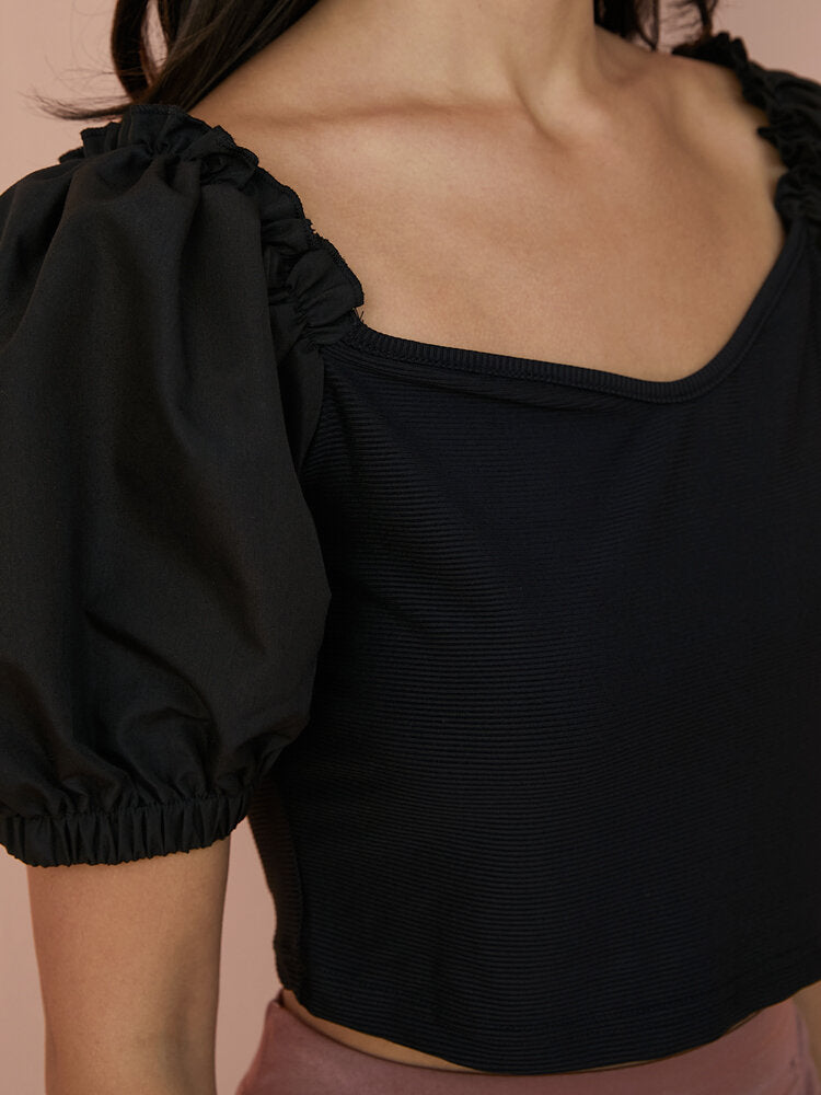 Solid Puff Sleeve Square Collar Crop Top For Women