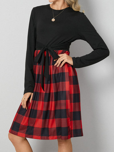 Leopard Check Stitch Bowknot Long Sleeve Crew Neck Dress