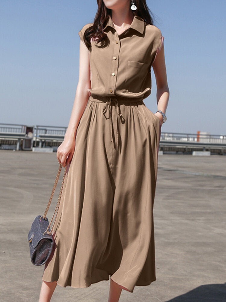 Solid Drawstring Waist Button Lapel With Belt Women Dress
