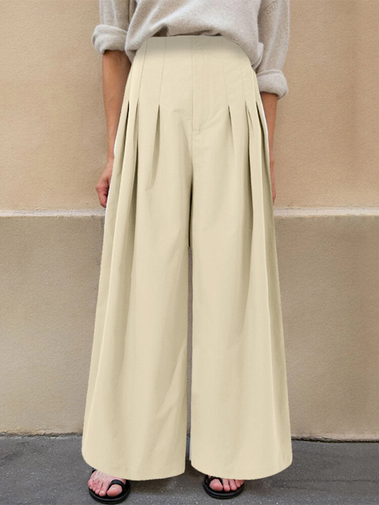 High Waist Wide-Legged Front Zipper Side Pockets Pleated Pants