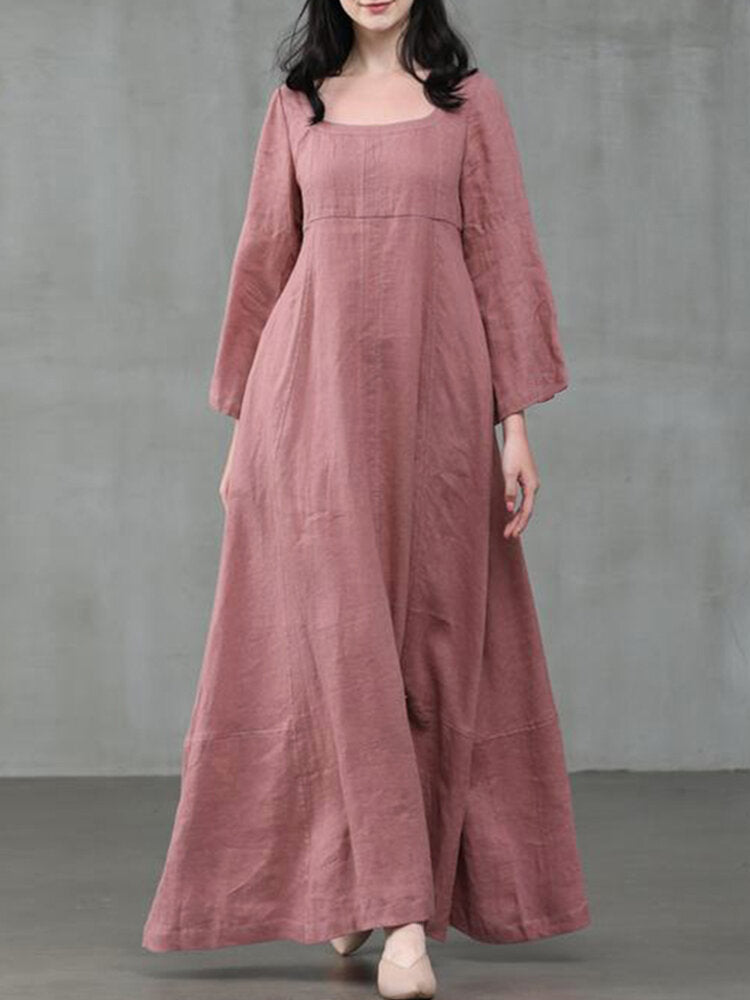 Solid Color A-Line Maxi Dress with Long Sleeves