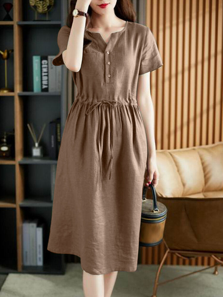 Solid Pocket Drawstring Waist Button Short Sleeve  Women Dress