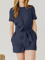 Women Solid Pocket Casual Romper With Belt