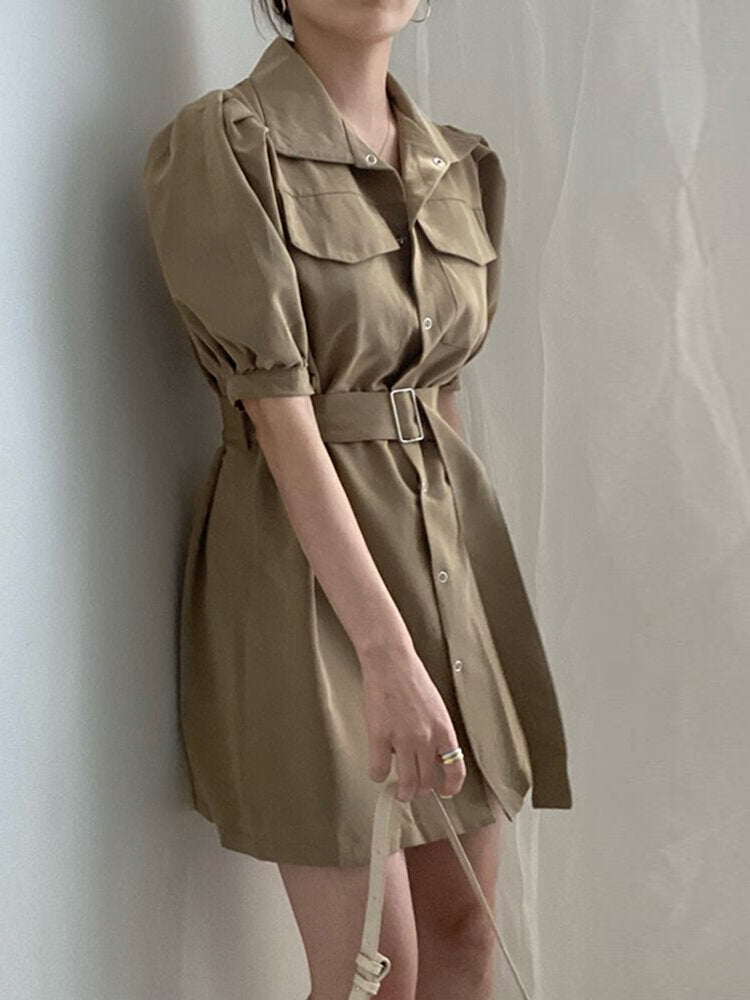 Solid Puff Sleeve Lapel Button Casual  With Belt Women Dress