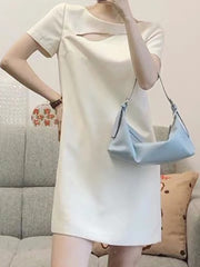 Solid Short Sleeve Hollow Crew Neck Casual Women Dress