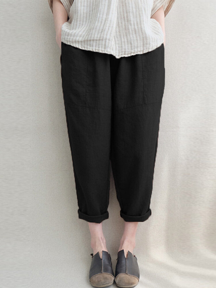 Plain Elastic Waist Pocket Casual Cotton Linen Pants