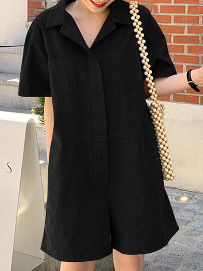Solid Pocket Button Lapel Short Sleeve Casual Cotton  Women Romper