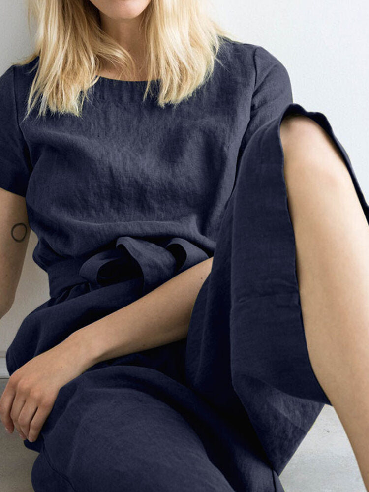 Solid Pocket Short Sleeve Wide Leg  With Belt Women Jumpsuits