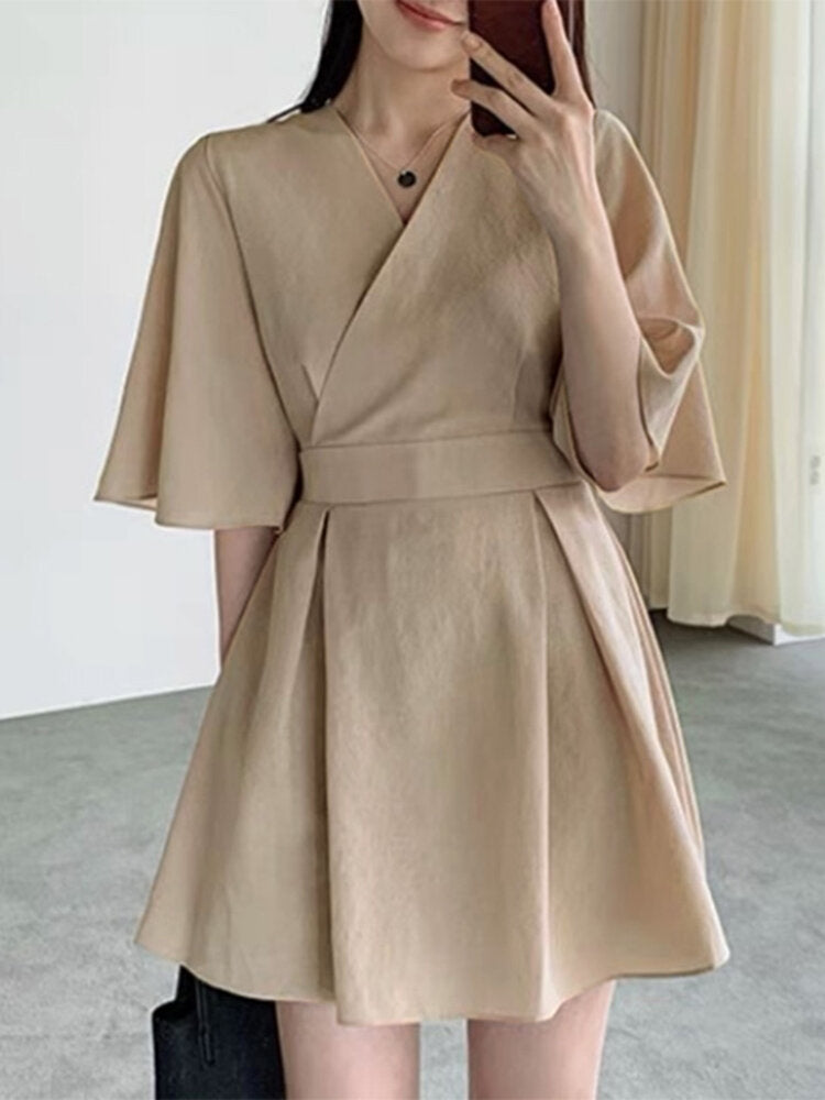Cross Wrap Solid Pleats V-neck Back Zipper Causal  Women Dress