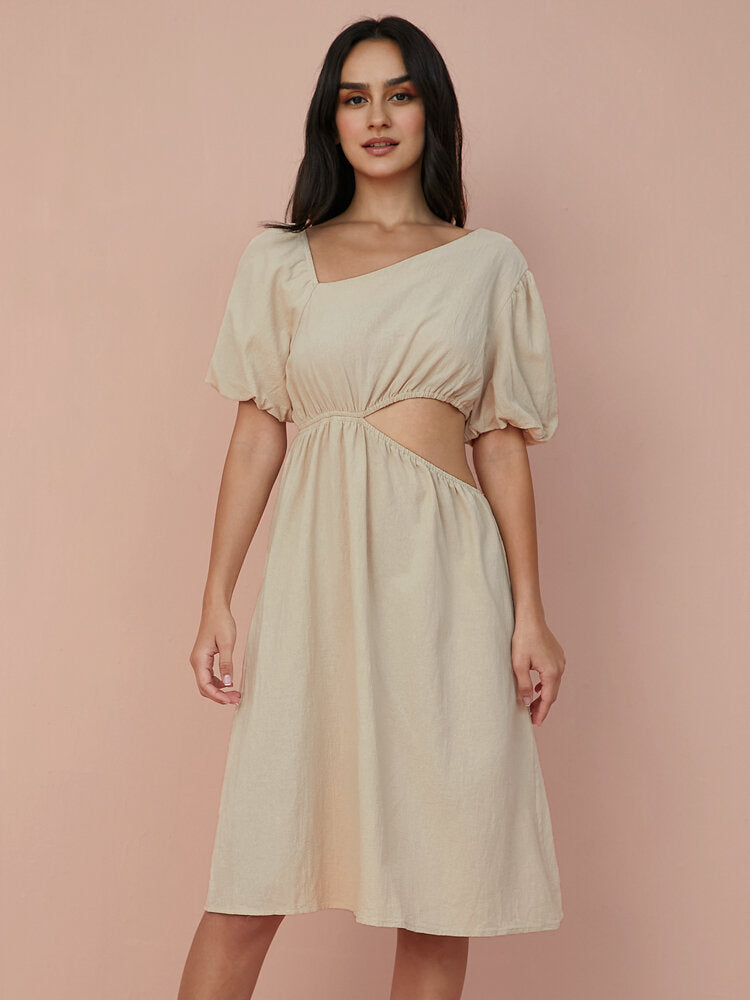 Solid Cut Out Asymmetrical Neck Puff Sleeve  Women Dress