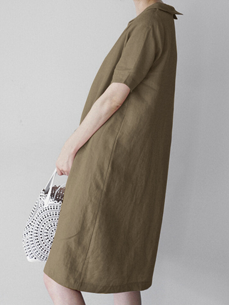 Women Solid Peter Pan Collar Short Sleeve Dress