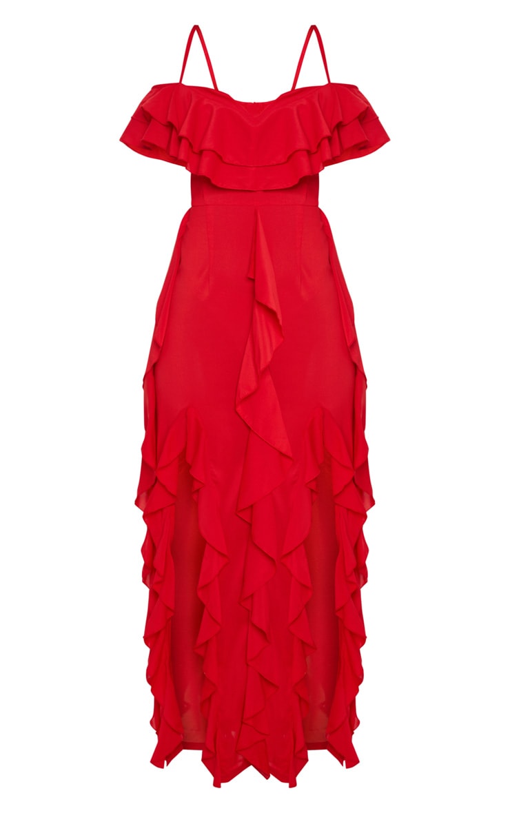 RED COLD SHOULDER RUFFLE DETAIL MAXI DRESS