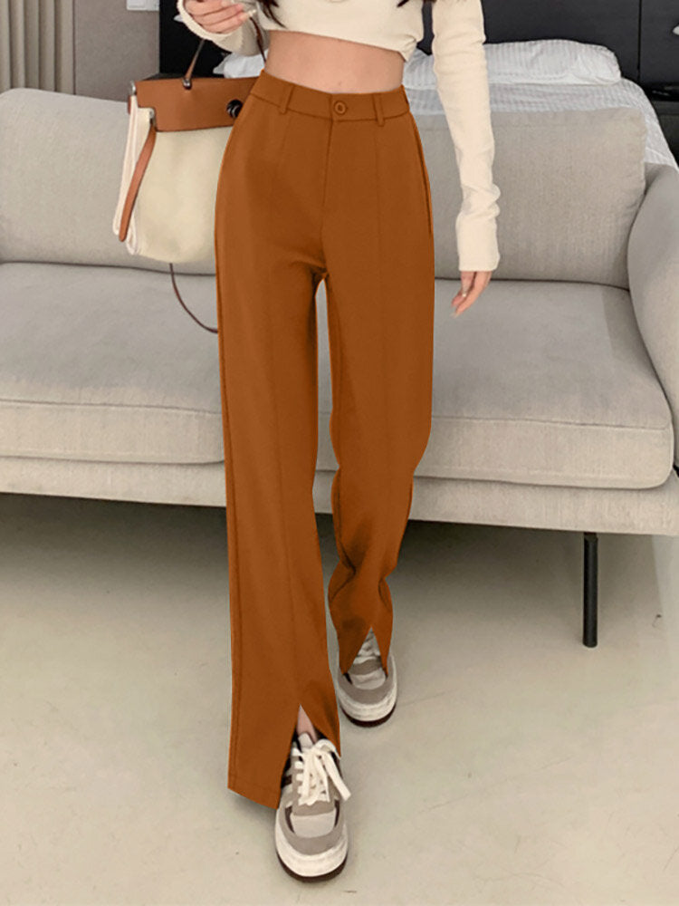Solid High Waist Pocket Double Slit Hem Tailored Pants