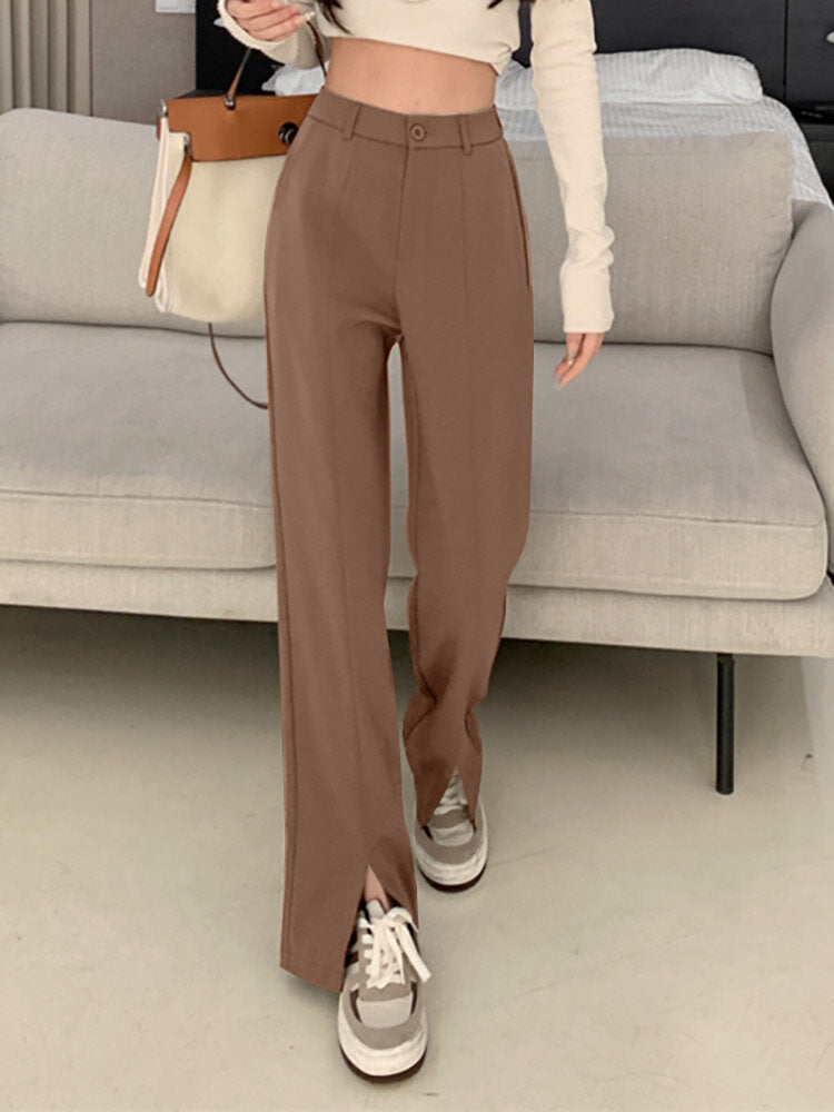 Solid High Waist Pocket Double Slit Hem Tailored Pants