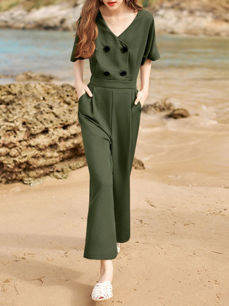 Solid Double Breasted Pocket Short Sleeve V-neck  Women Jumpsuits