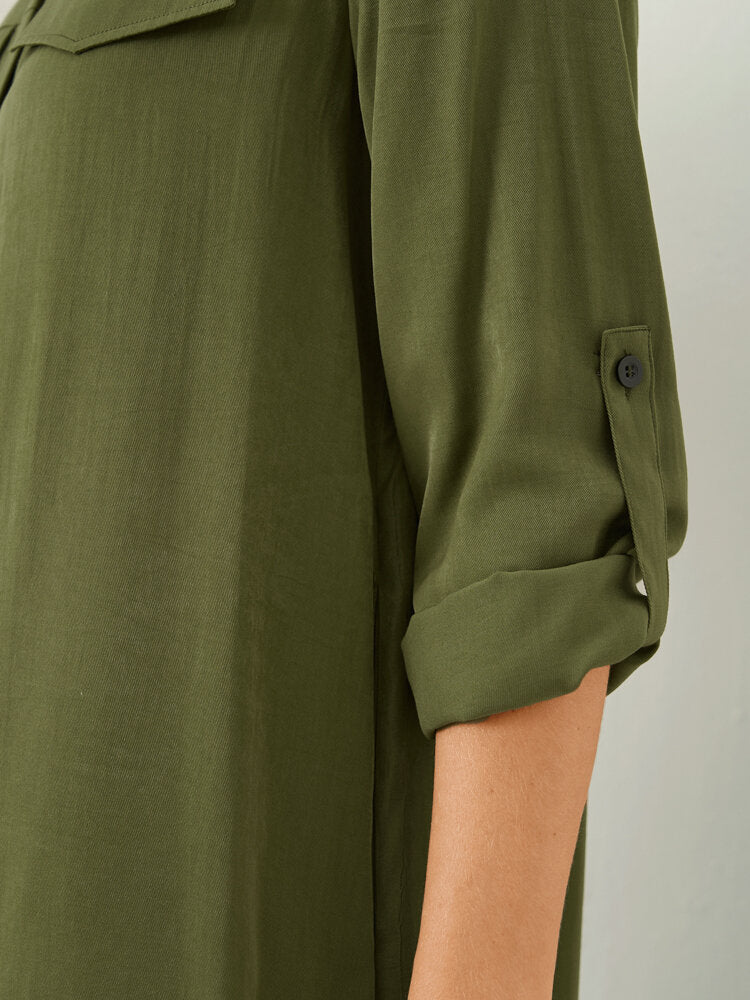 Solid Long Sleeve Button Front Lapel Women Dress