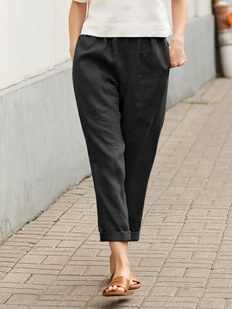 Solid Pocket Elastic Waist Casual Cotton Pants