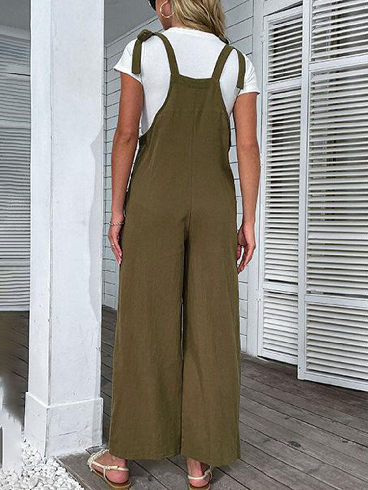 Solid Pocket Pleated Self Tie Strap Open Back  Women Jumpsuits