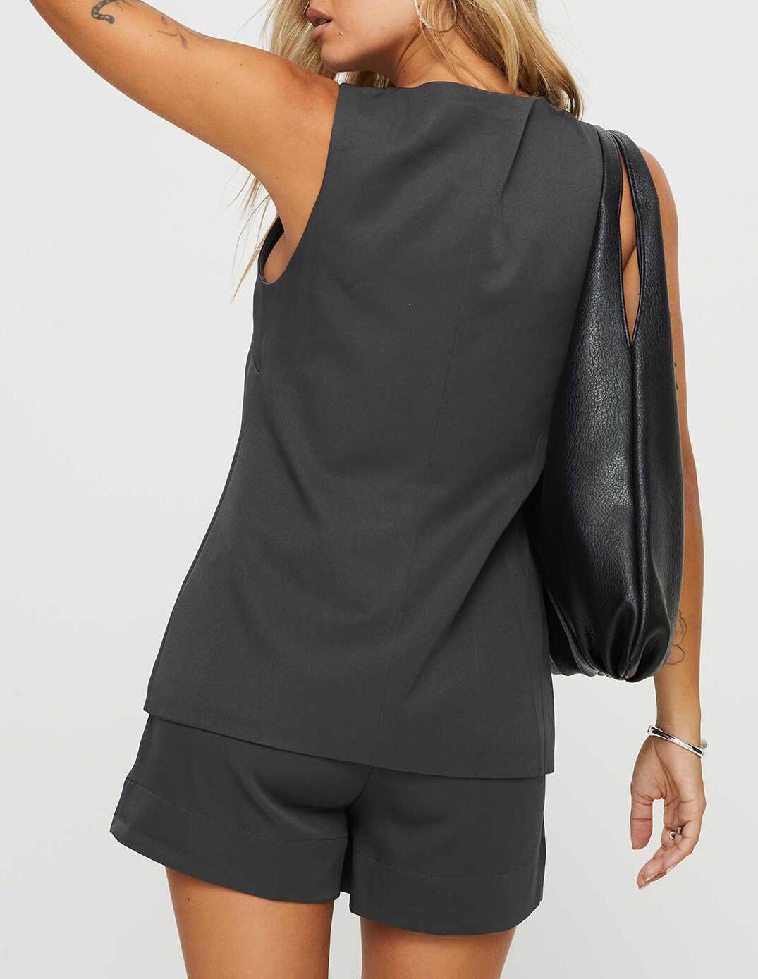 Grey Button Up Vest Blouse and short set