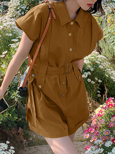 Solid Belt Button Front Pocket Short Sleeve Lapel Cargo  Women Romper
