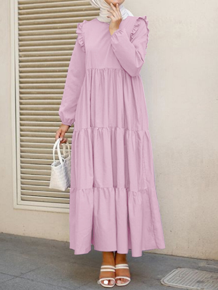 Solid Color Layered Long Sleeve Pleated Women Dress