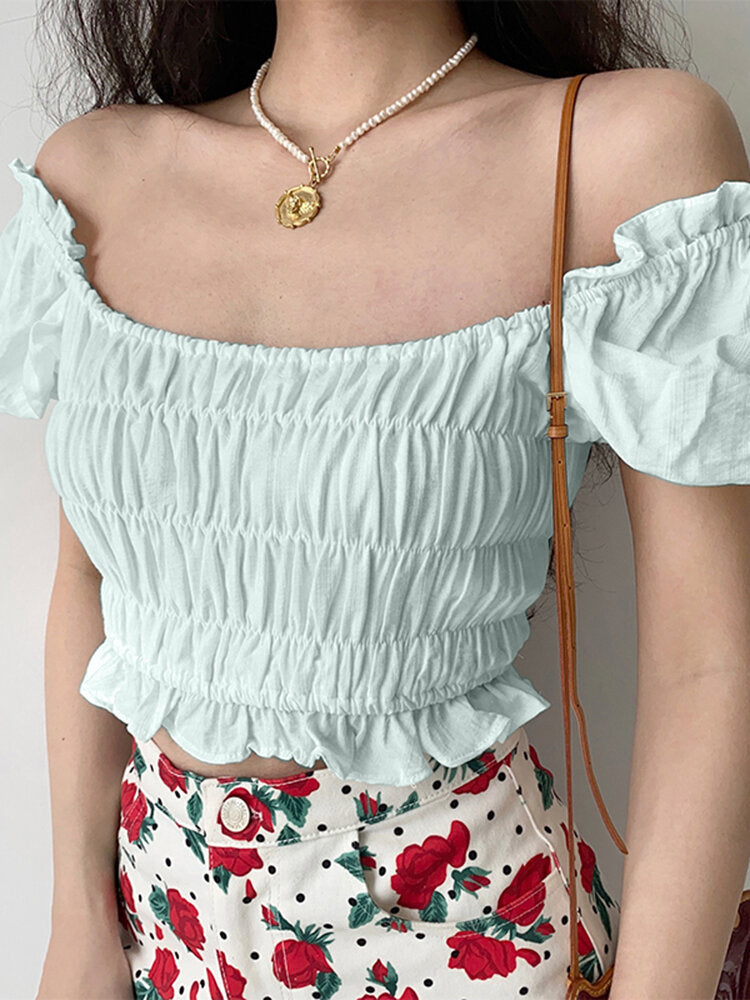 Solid Shirred Puff Sleeve Square Collar Crop Top