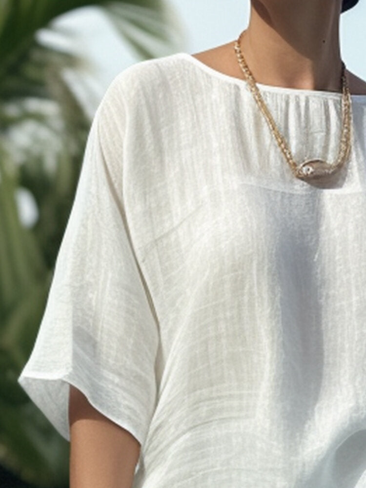 Women Solid Crew Neck Cotton Casual Half Sleeve Blouse