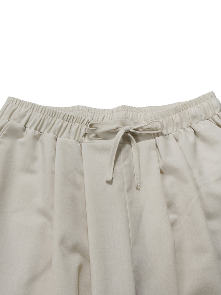 Solid Drawstring High Waist Pocket Wide Leg Pants